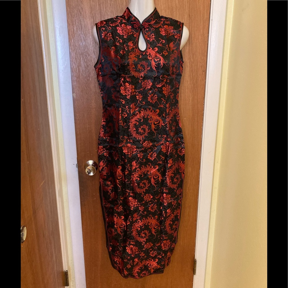 NWOTBlack & Red JinYueFuShi Silk Mandarin Collar Sleeveless Dress100%silk Large